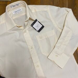 Vintage NWT Christian Dior Jeune Homme Ivory Button Down Dress Shirt Logo Luxury